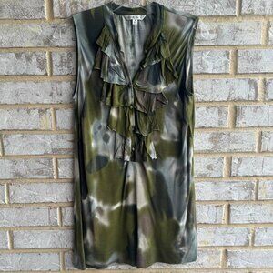 CAbi Sleeveless 1/2 Button Ruffled Tiered Camo Stretch Blouse Women's Size S